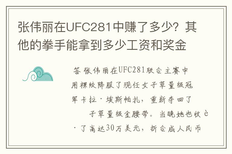 张伟丽在UFC281中赚了多少？其他的拳手能拿到多少工资和奖金？