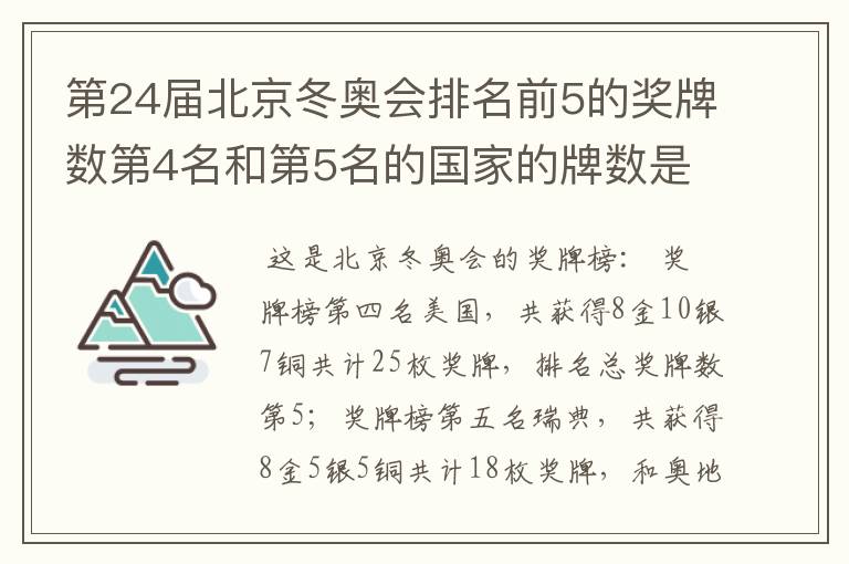 第24届北京冬奥会排名前5的奖牌数第4名和第5名的国家的牌数是多少？