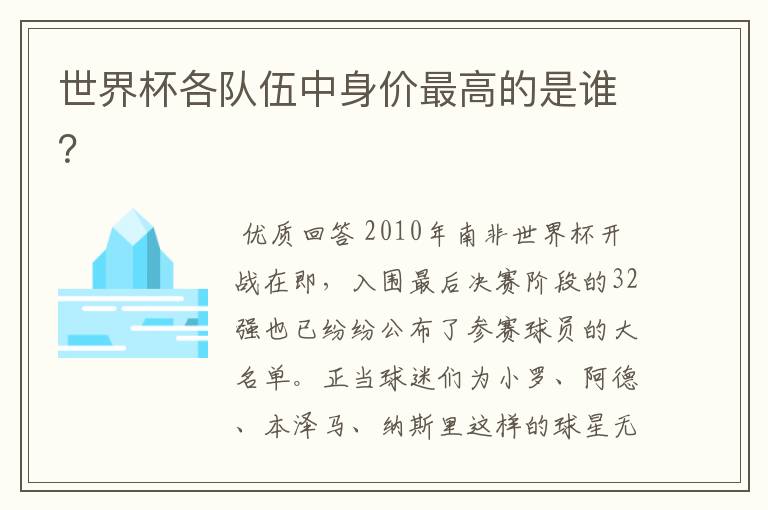 世界杯各队伍中身价最高的是谁？