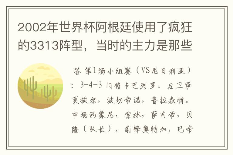 2002年世界杯阿根廷使用了疯狂的3313阵型，当时的主力是那些人．