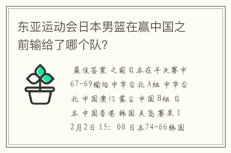 东亚运动会日本男篮在赢中国之前输给了哪个队?