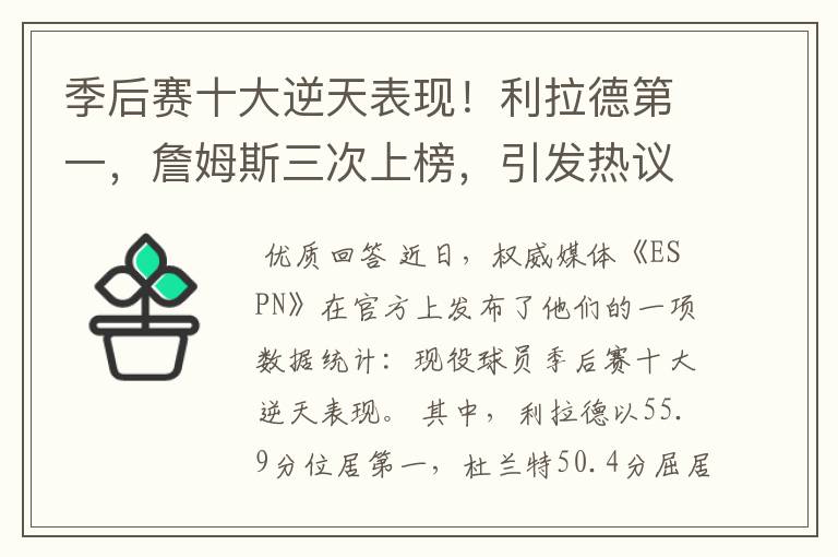 季后赛十大逆天表现！利拉德第一，詹姆斯三次上榜，引发热议