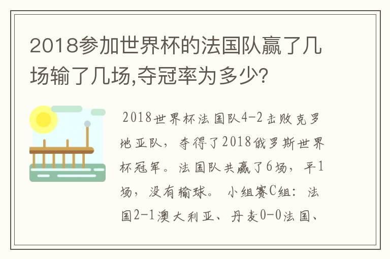 2018参加世界杯的法国队赢了几场输了几场,夺冠率为多少？