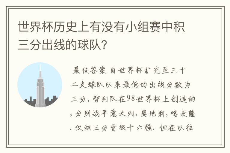 世界杯历史上有没有小组赛中积三分出线的球队？