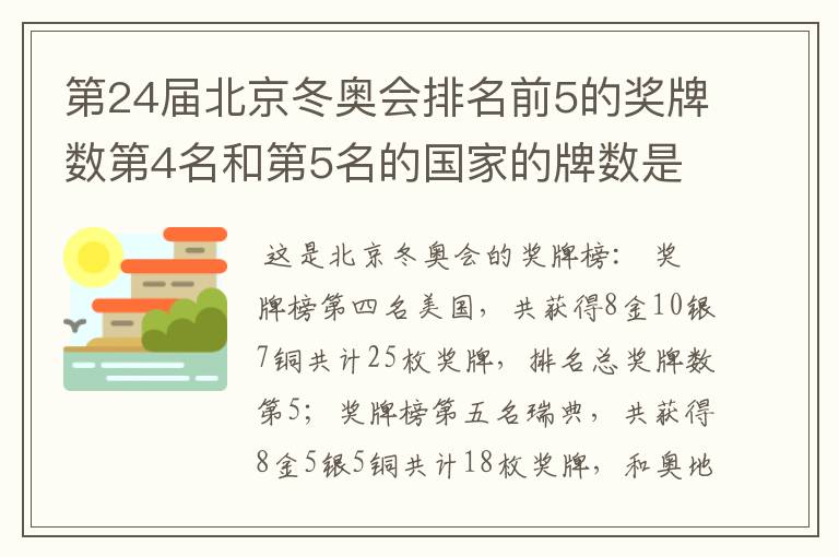 第24届北京冬奥会排名前5的奖牌数第4名和第5名的国家的牌数是多少？