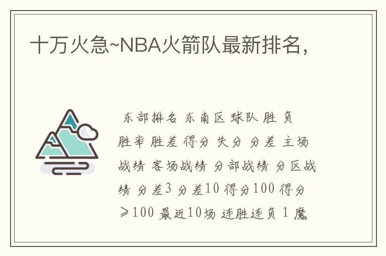 十万火急~NBA火箭队最新排名，