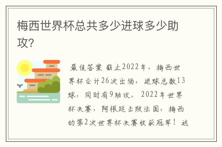 梅西世界杯总共多少进球多少助攻？