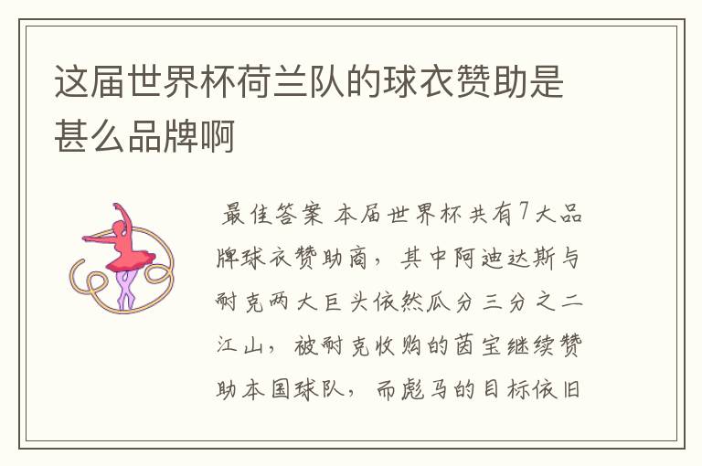 这届世界杯荷兰队的球衣赞助是甚么品牌啊