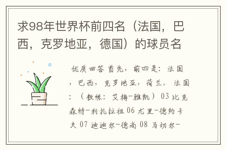 求98年世界杯前四名（法国，巴西，克罗地亚，德国）的球员名单。