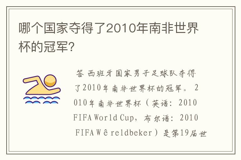 哪个国家夺得了2010年南非世界杯的冠军？