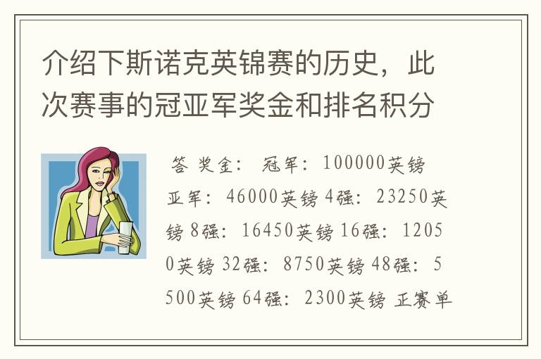 介绍下斯诺克英锦赛的历史，此次赛事的冠亚军奖金和排名积分各是多少？