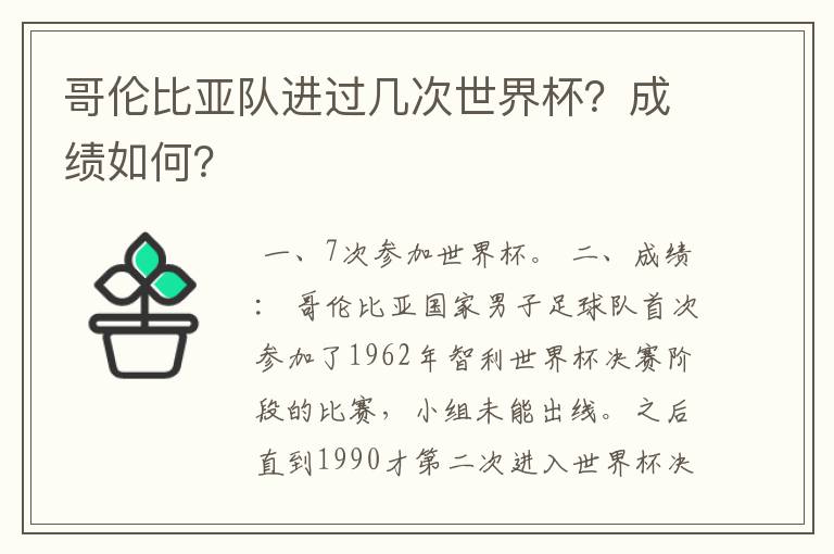 哥伦比亚队进过几次世界杯？成绩如何？