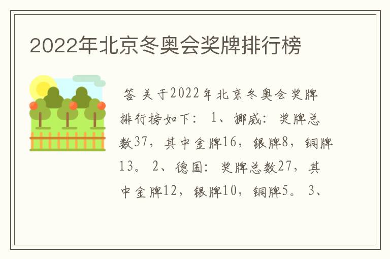 2022年北京冬奥会奖牌排行榜