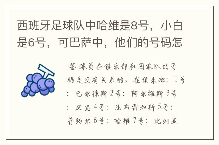 西班牙足球队中哈维是8号，小白是6号，可巴萨中，他们的号码怎么换了？