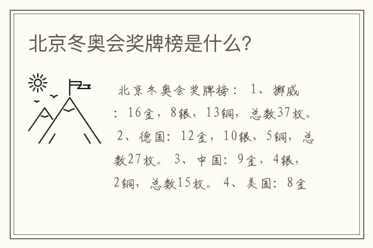 北京冬奥会奖牌榜是什么？