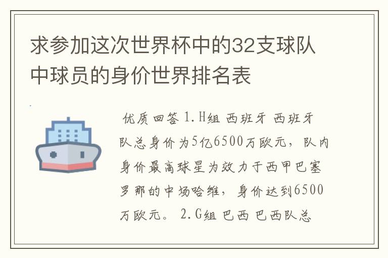 求参加这次世界杯中的32支球队中球员的身价世界排名表