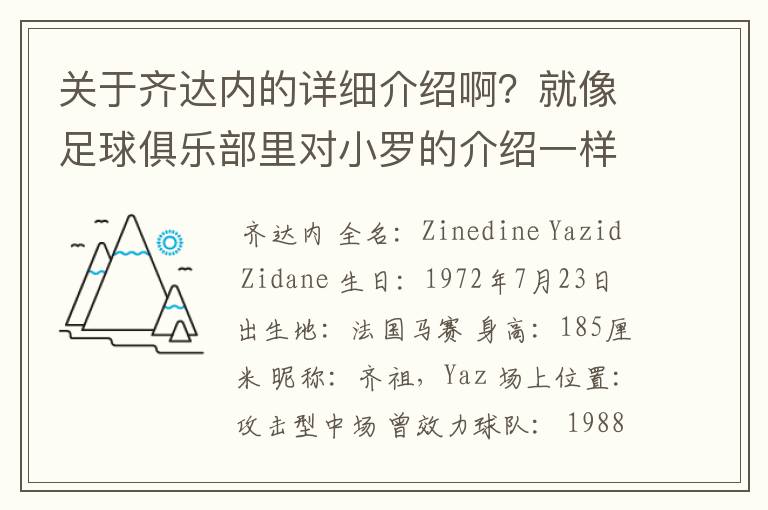 关于齐达内的详细介绍啊？就像足球俱乐部里对小罗的介绍一样，要从幼年开始的特别是他的坎坷的那一段