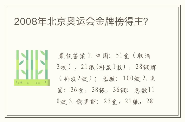 2008年北京奥运会金牌榜得主？