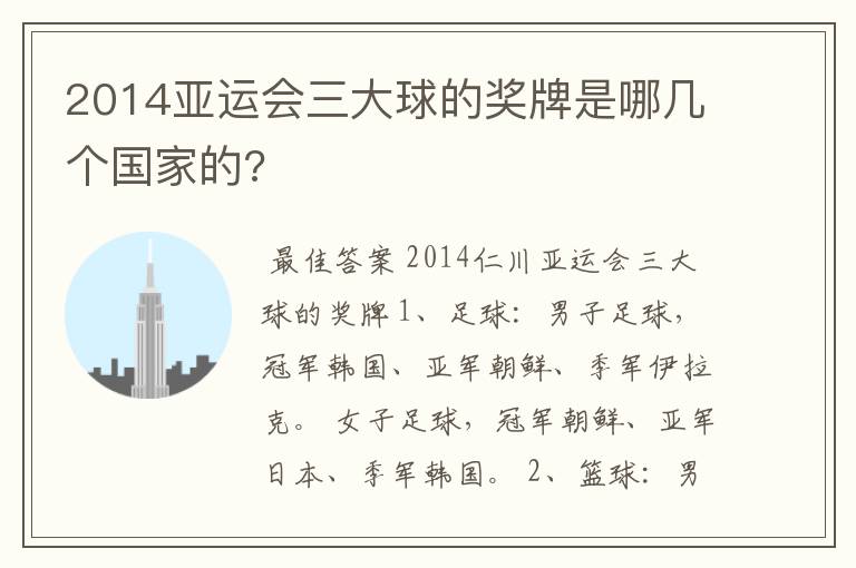 2014亚运会三大球的奖牌是哪几个国家的?