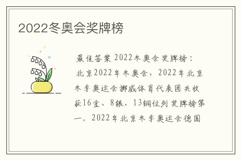 2022冬奥会奖牌榜