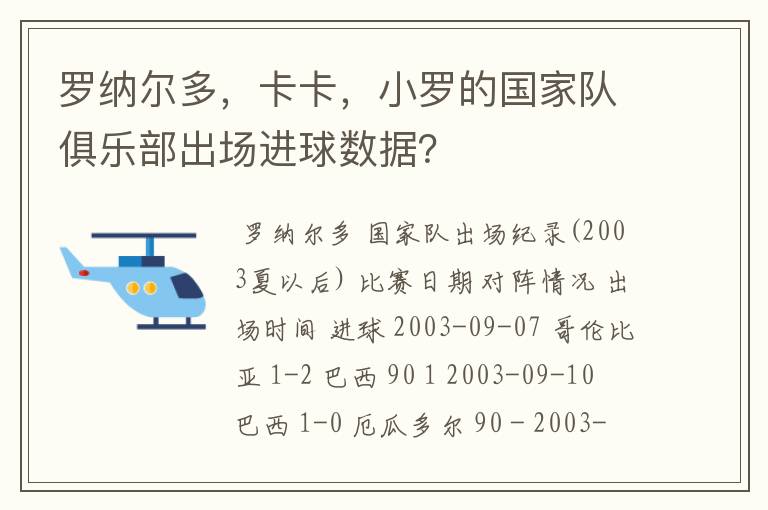 罗纳尔多，卡卡，小罗的国家队俱乐部出场进球数据？