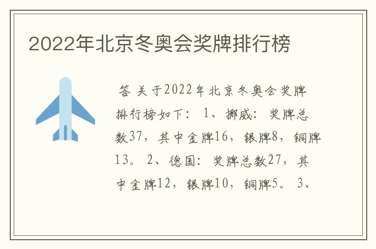 2022年北京冬奥会奖牌排行榜