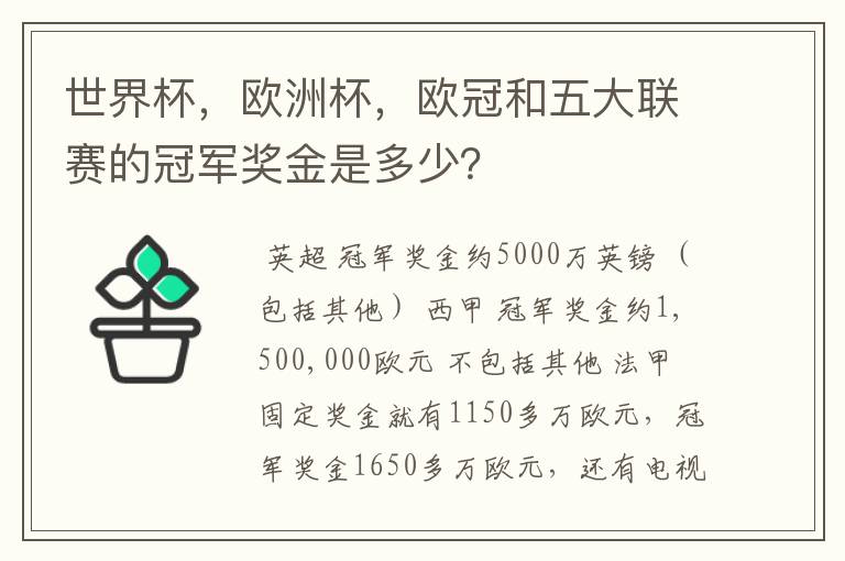 世界杯，欧洲杯，欧冠和五大联赛的冠军奖金是多少？