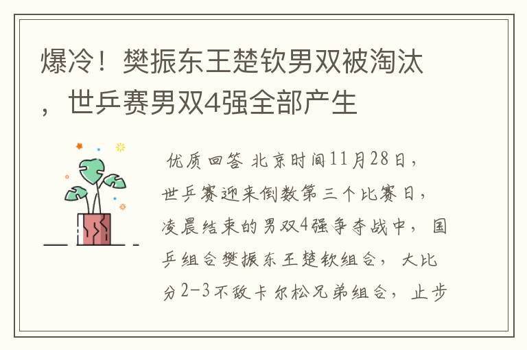 爆冷！樊振东王楚钦男双被淘汰，世乒赛男双4强全部产生