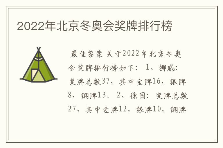 2022年北京冬奥会奖牌排行榜