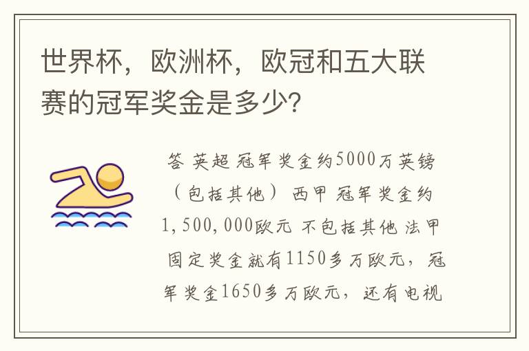 世界杯，欧洲杯，欧冠和五大联赛的冠军奖金是多少？