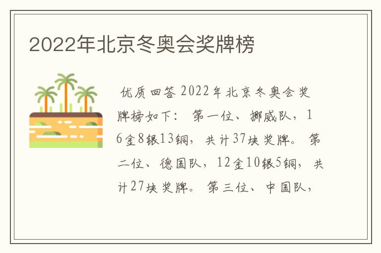 2022年北京冬奥会奖牌榜