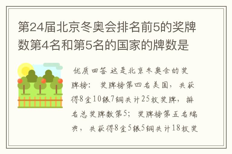 第24届北京冬奥会排名前5的奖牌数第4名和第5名的国家的牌数是多少？