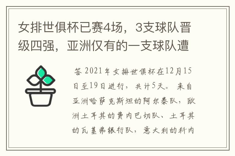 女排世俱杯已赛4场，3支球队晋级四强，亚洲仅有的一支球队遭淘汰