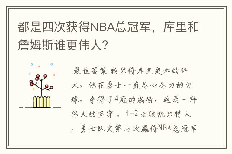 都是四次获得NBA总冠军，库里和詹姆斯谁更伟大？