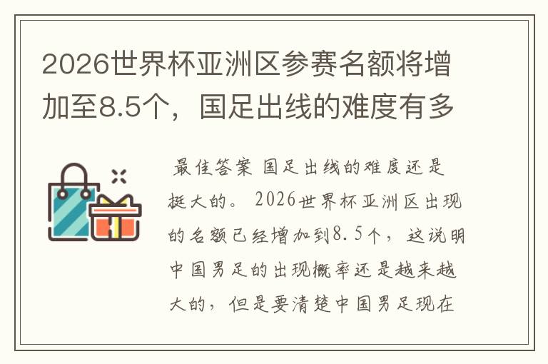 2026世界杯亚洲区参赛名额将增加至8.5个，国足出线的难度有多大？