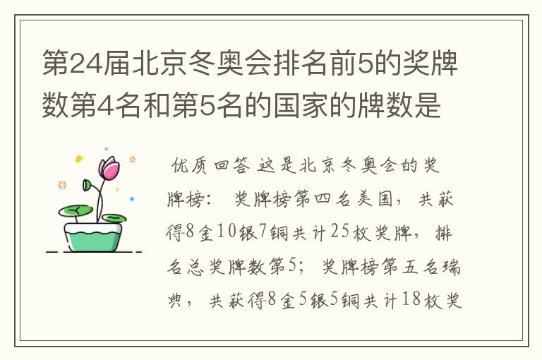 第24届北京冬奥会排名前5的奖牌数第4名和第5名的国家的牌数是多少？