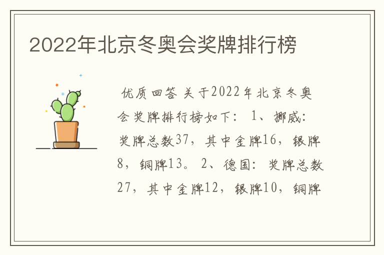 2022年北京冬奥会奖牌排行榜