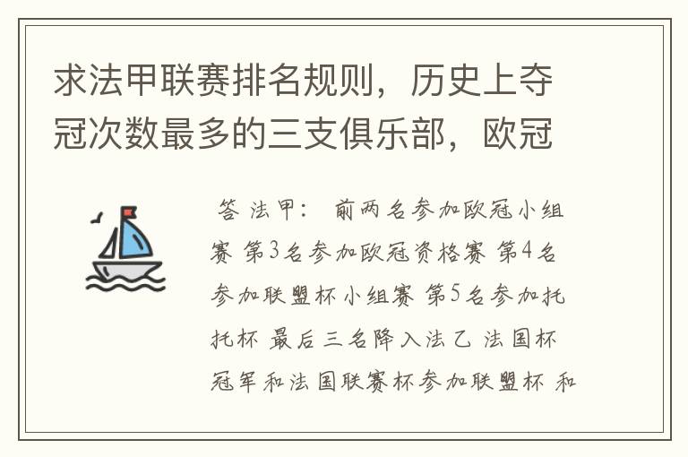 求法甲联赛排名规则，历史上夺冠次数最多的三支俱乐部，欧冠晋级球队数及最近三年最佳射手。