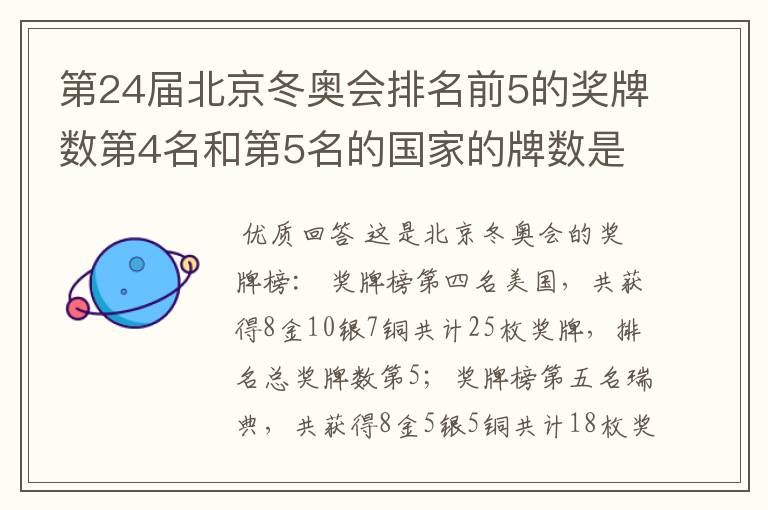 第24届北京冬奥会排名前5的奖牌数第4名和第5名的国家的牌数是多少？