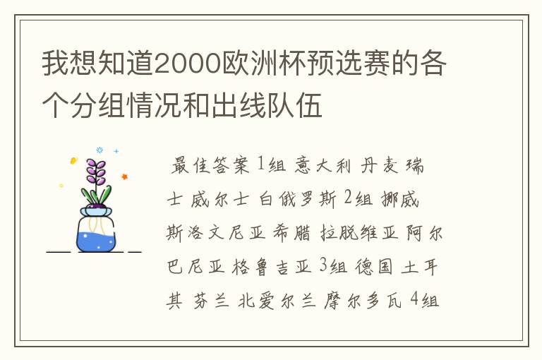 我想知道2000欧洲杯预选赛的各个分组情况和出线队伍