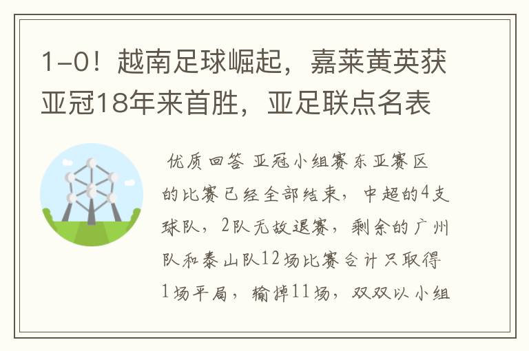 1-0！越南足球崛起，嘉莱黄英获亚冠18年来首胜，亚足联点名表扬