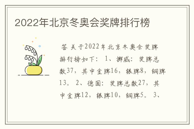 2022年北京冬奥会奖牌排行榜