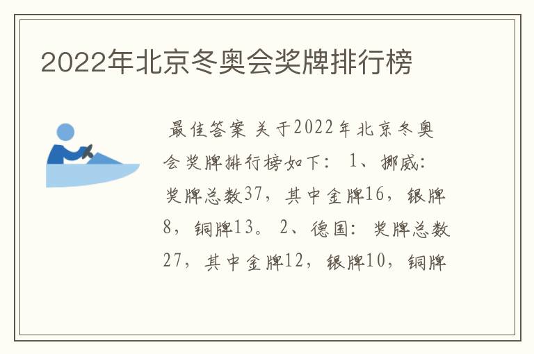 2022年北京冬奥会奖牌排行榜