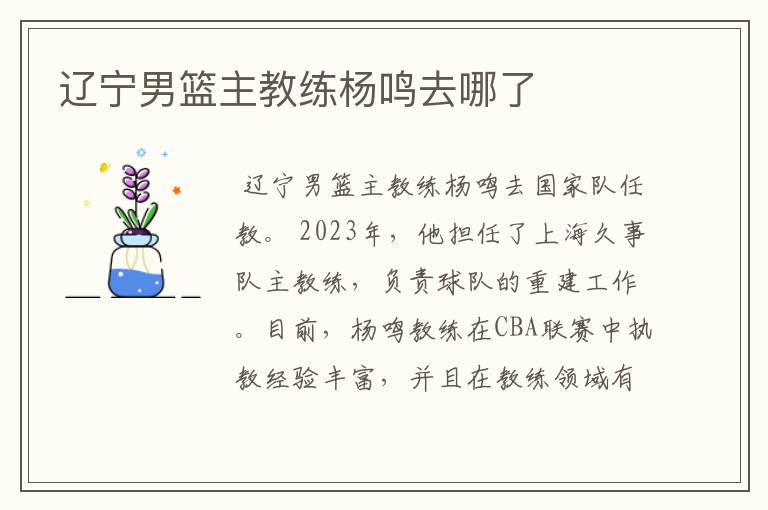 辽宁男篮主教练杨鸣去哪了