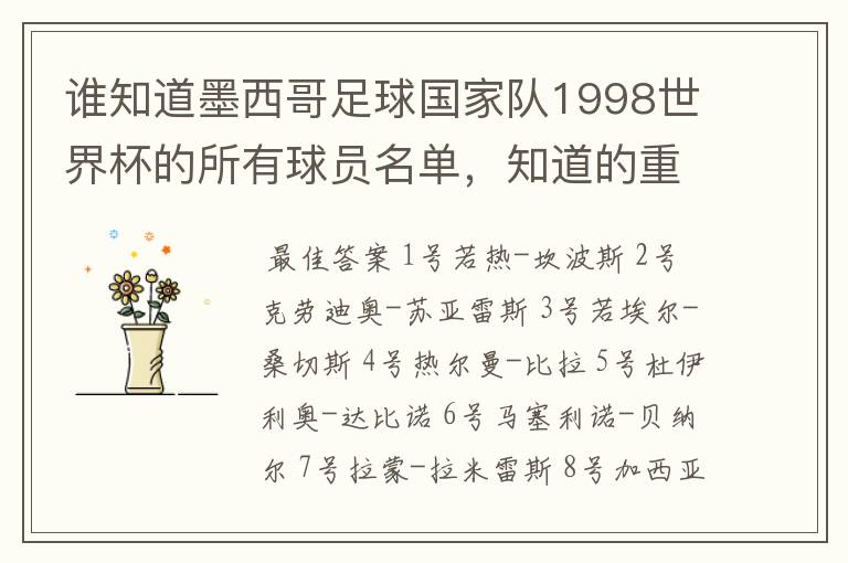 谁知道墨西哥足球国家队1998世界杯的所有球员名单，知道的重赏