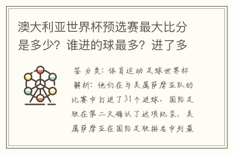 澳大利亚世界杯预选赛最大比分是多少？谁进的球最多？进了多少？