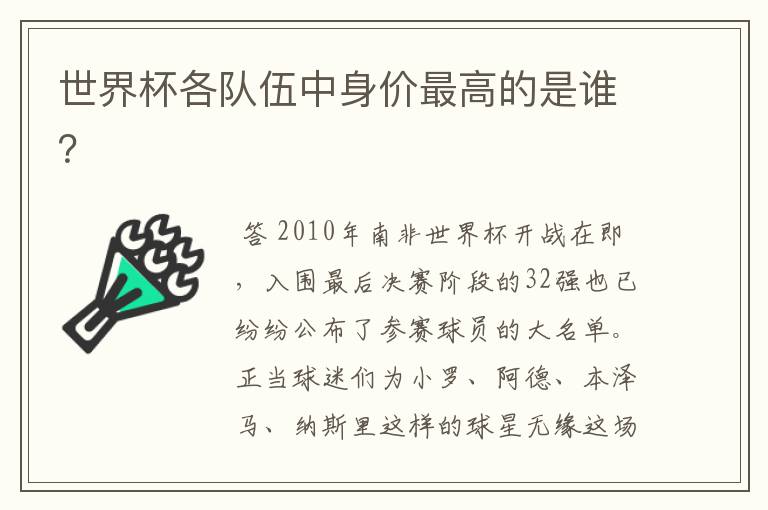 世界杯各队伍中身价最高的是谁？