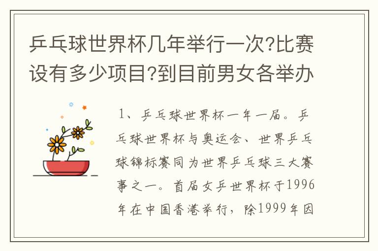 乒乓球世界杯几年举行一次?比赛设有多少项目?到目前男女各举办了几届