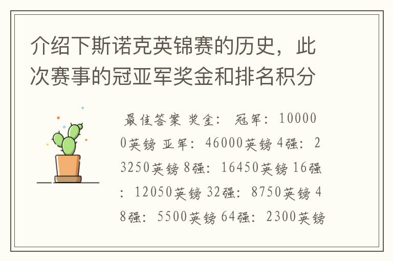 介绍下斯诺克英锦赛的历史，此次赛事的冠亚军奖金和排名积分各是多少？