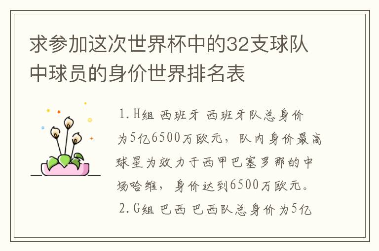 求参加这次世界杯中的32支球队中球员的身价世界排名表